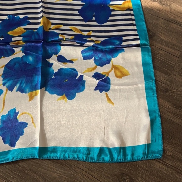 New Silky‎ Satin Stripe Blue White Yellow Floral Square Neck Scarf - Picture 3 of 5
